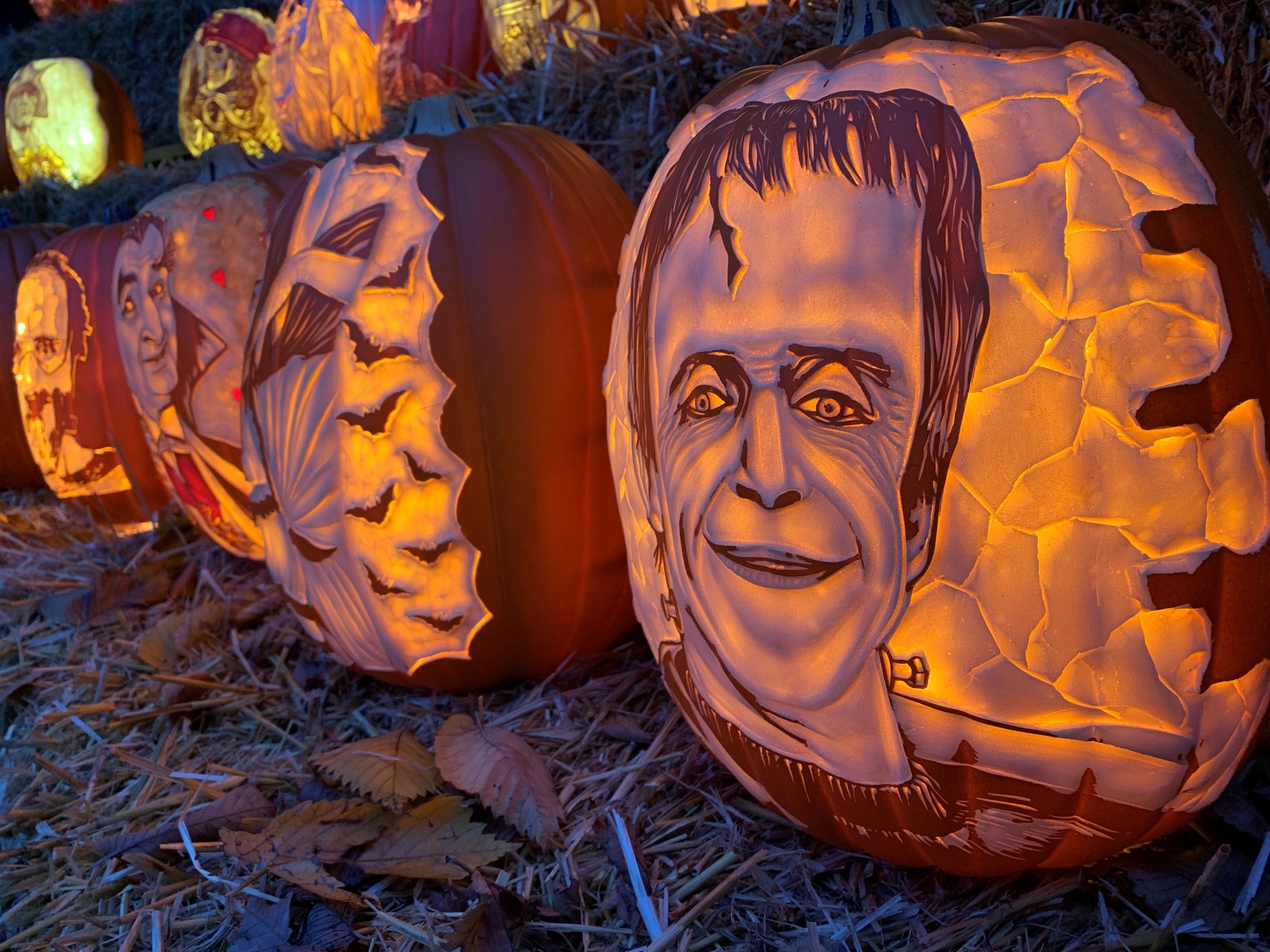 Detail of fancy carved pumpkins